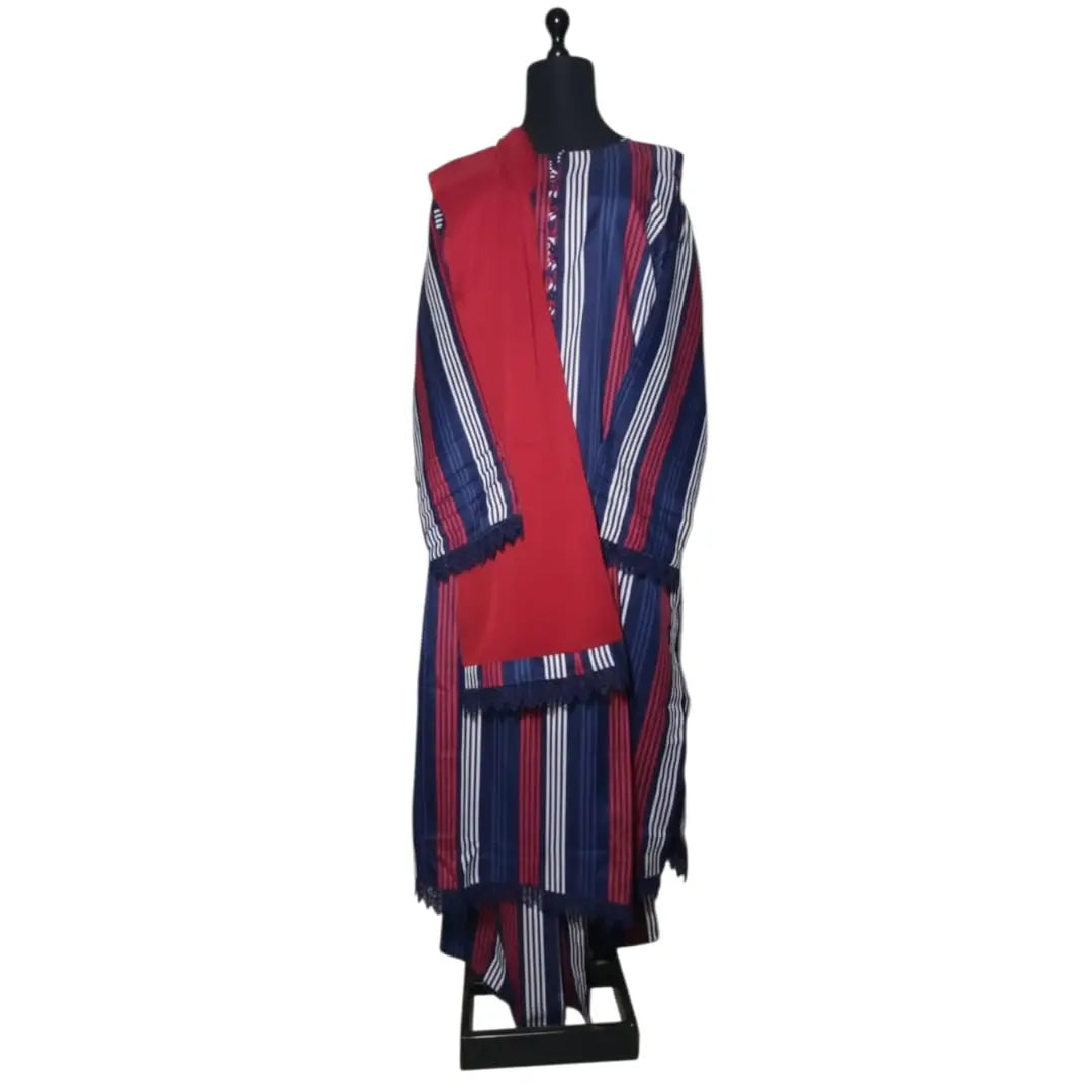 Printed Cotton Lawn – Casual Wear | Standard Size | Stiched Blue with Red & White lines