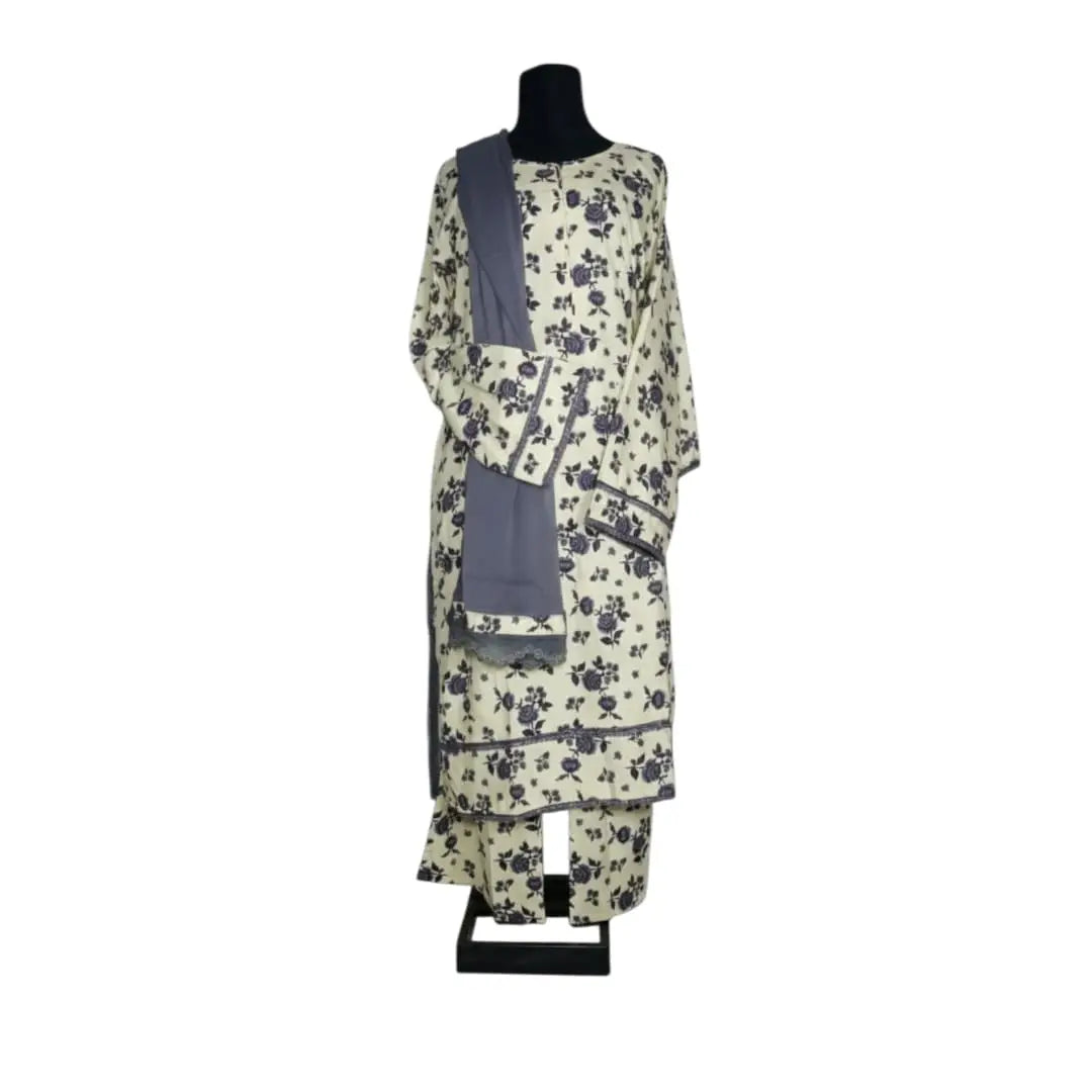 Printed Cotton Lawn – Casual Wear | Standard Size | Stiched off white & grey