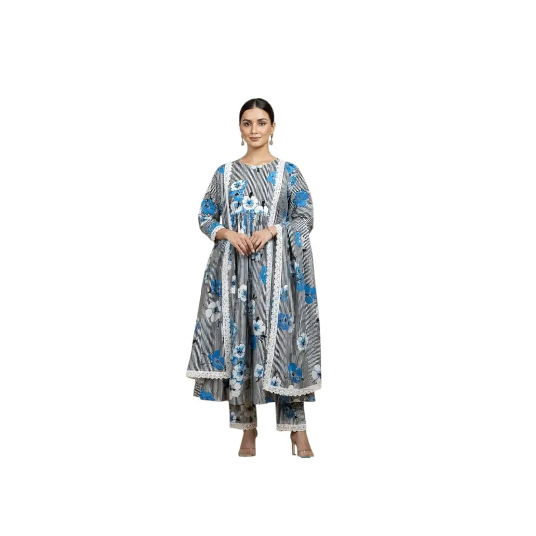 Printed Cotton Lawn – Casual Wear | Unstiched Blue & White with Black lines