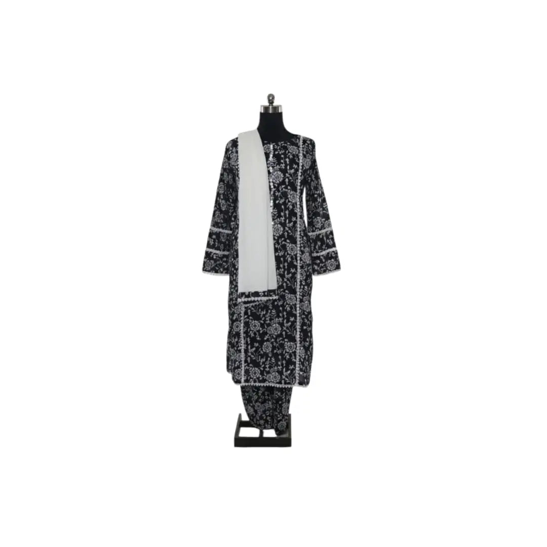 Printed Cotton Lawn – Casual Wear | Standard Size | Stiched White & Black