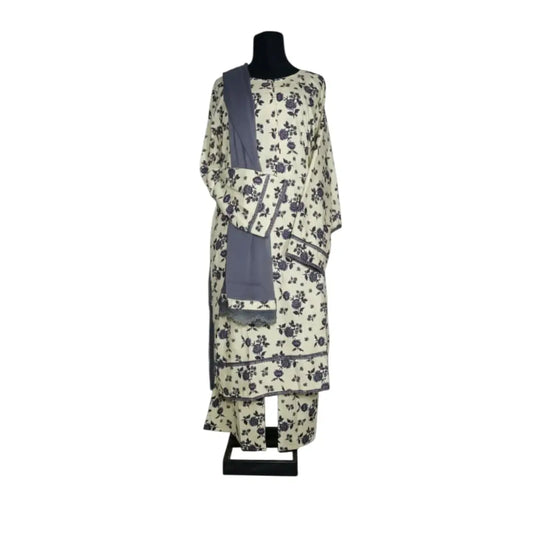 Printed Cotton Lawn – Casual Wear | Standard Size | Stiched off white & grey