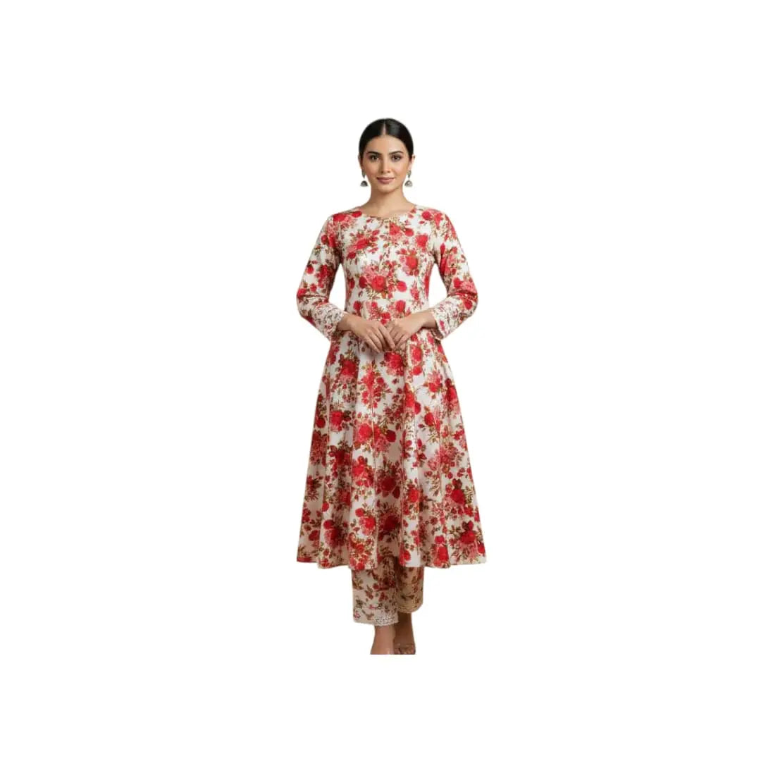 Printed Cotton Lawn – Casual Wear | Unstiched White Red Flowral